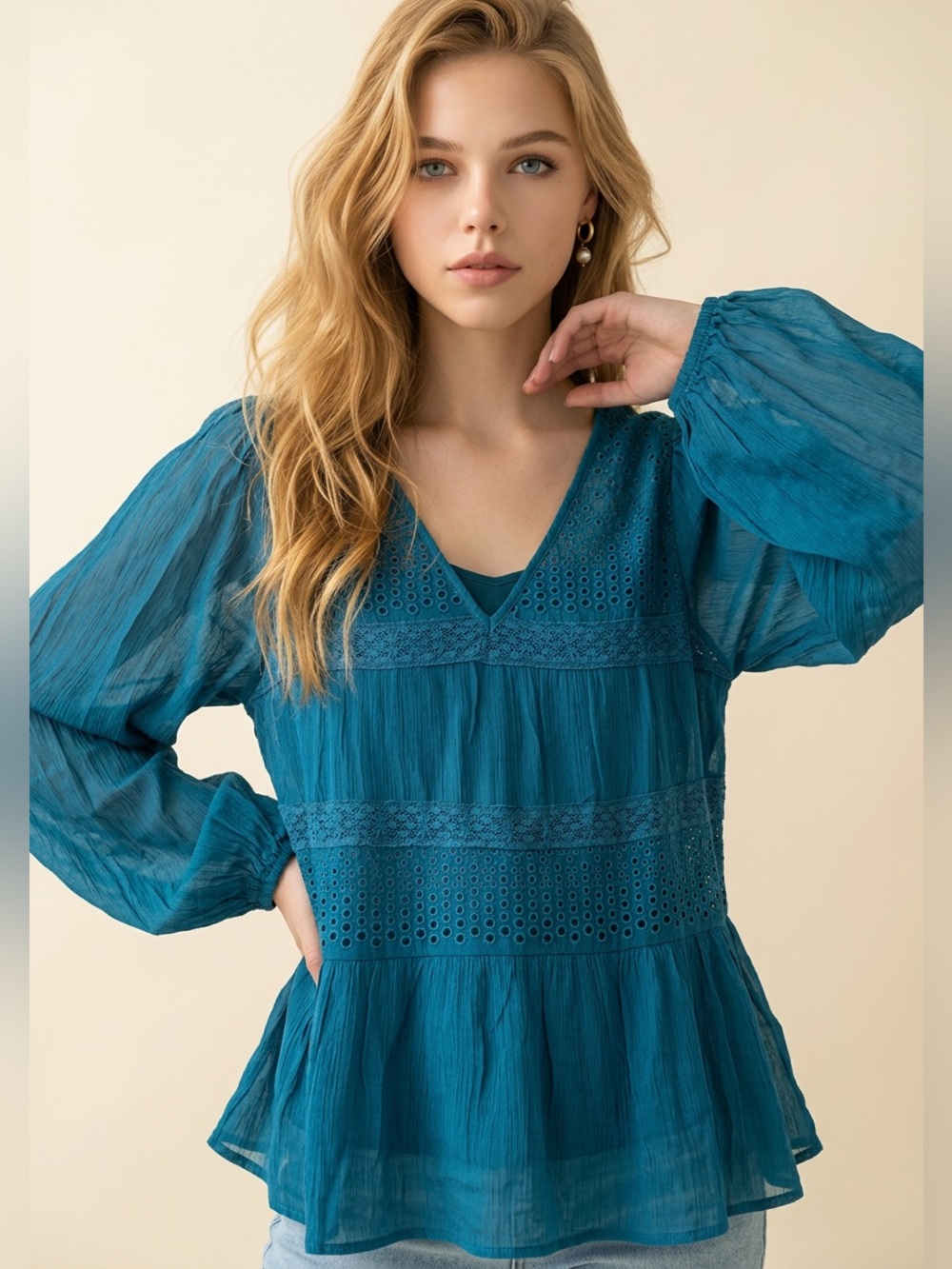 Sundance Teal Blue Peasant Blouse